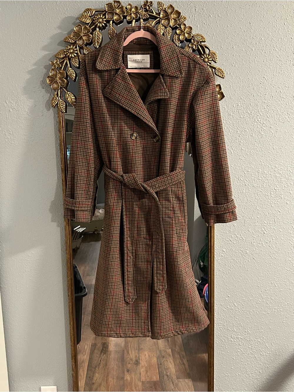American Eagle Plaid Trench Coat - Picture 6 of 7